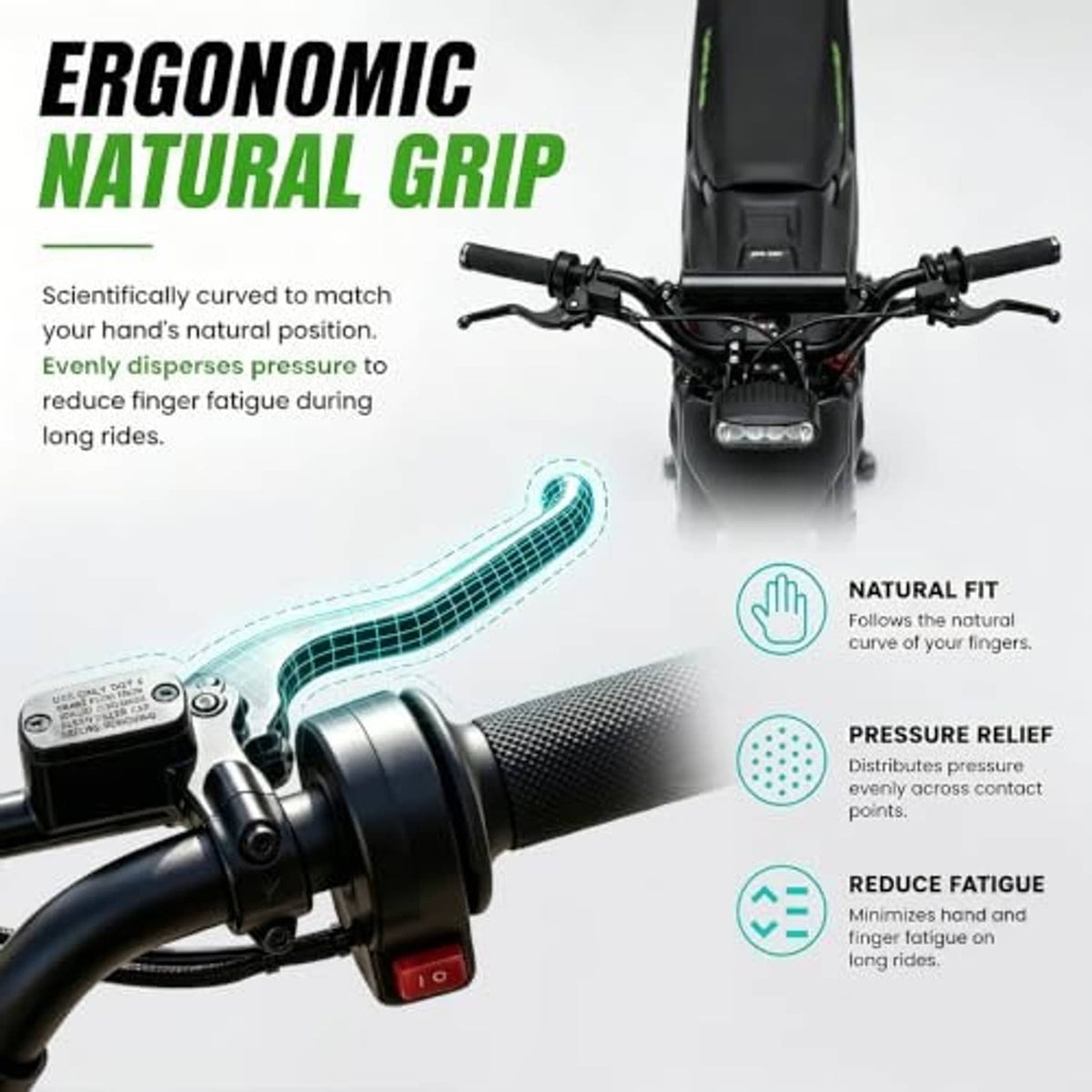 Black ergonomic brake lever with textured grip on handlebar