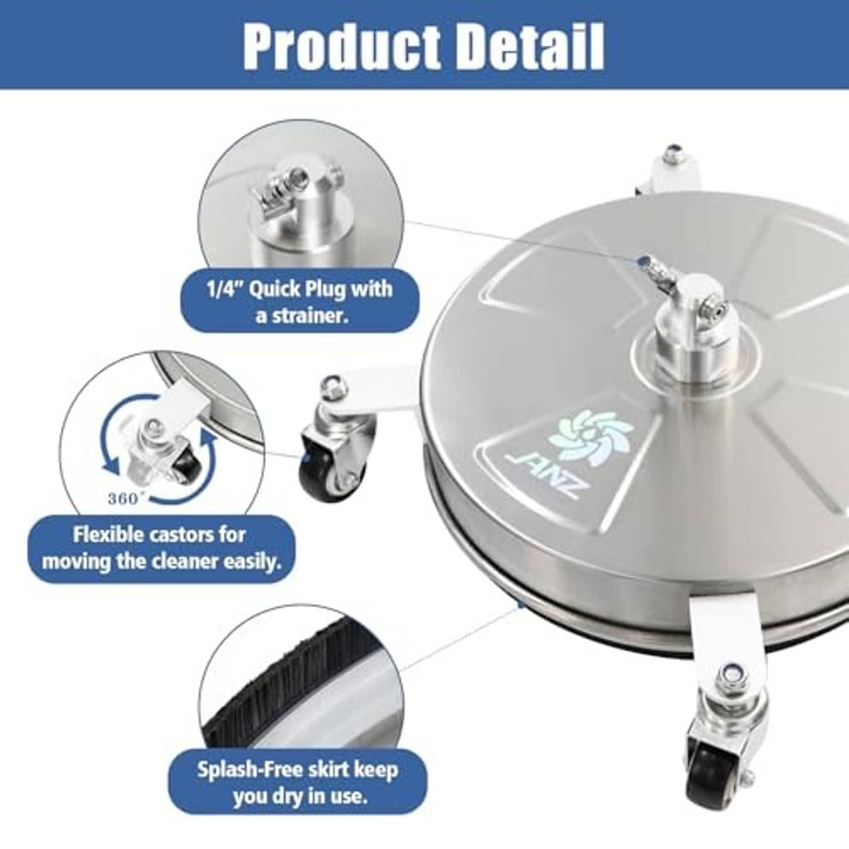 Pressure washer surface cleaner with 1/4 quick-plug fitting, casters, and splash skirt