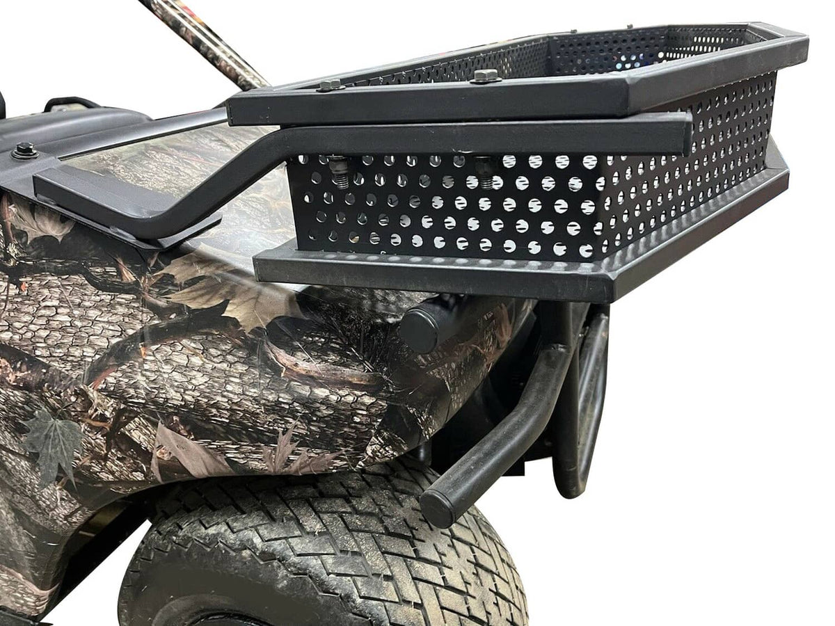 Front basket side view with perforated steel panels and thick mounting brackets, black