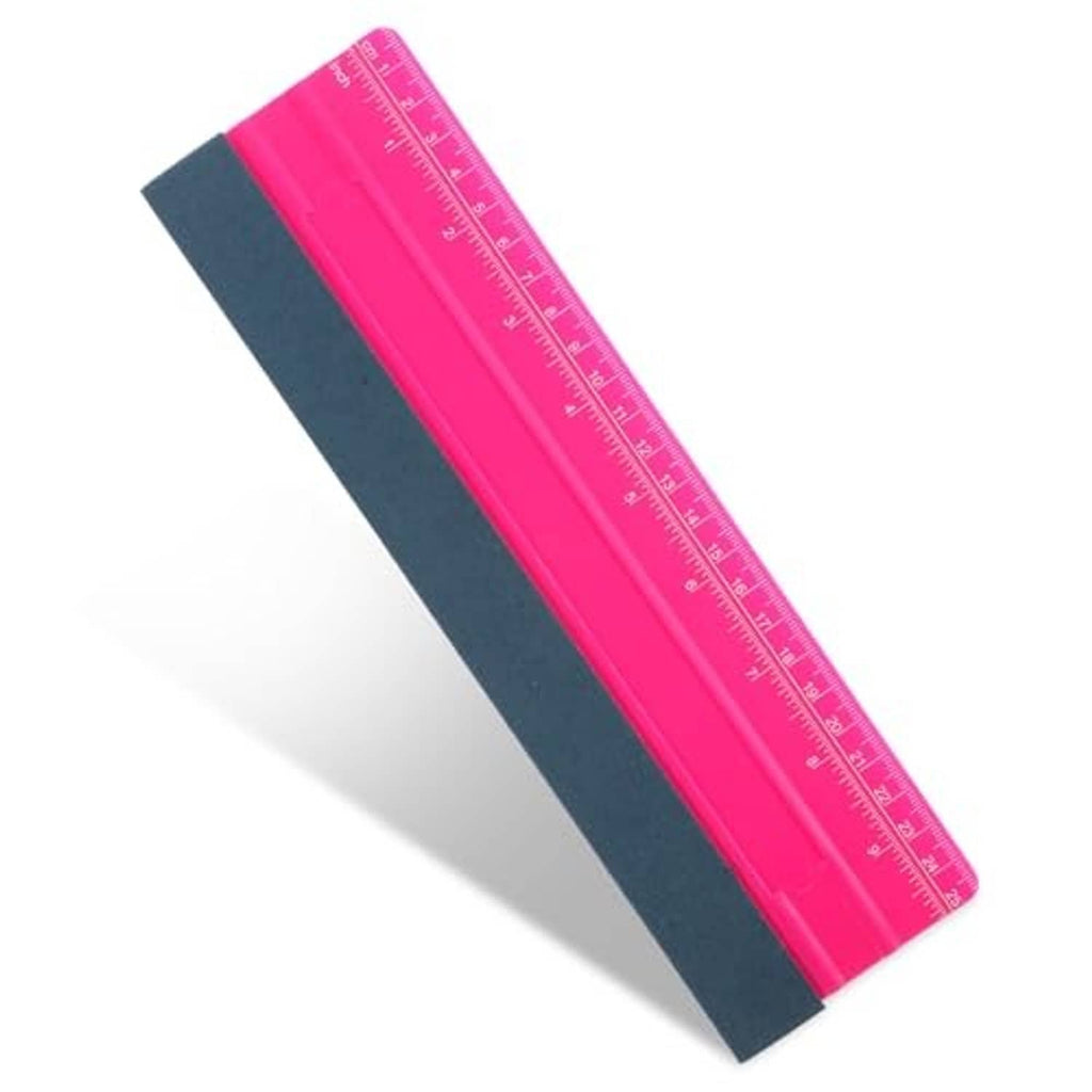 Pink vinyl wrap squeegee with dark felt blade and printed ruler scale