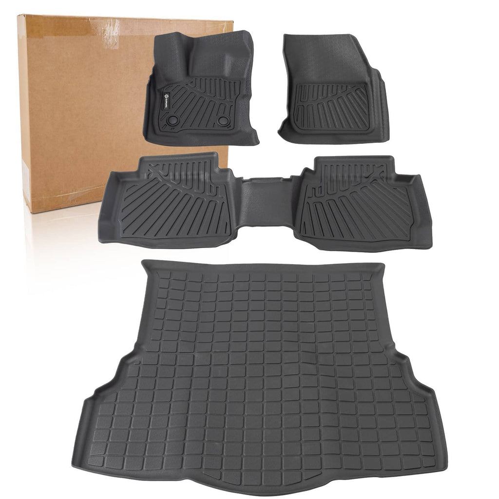 Black fitted rubber floor mats set with front and rear pieces plus trunk mat, textured pattern