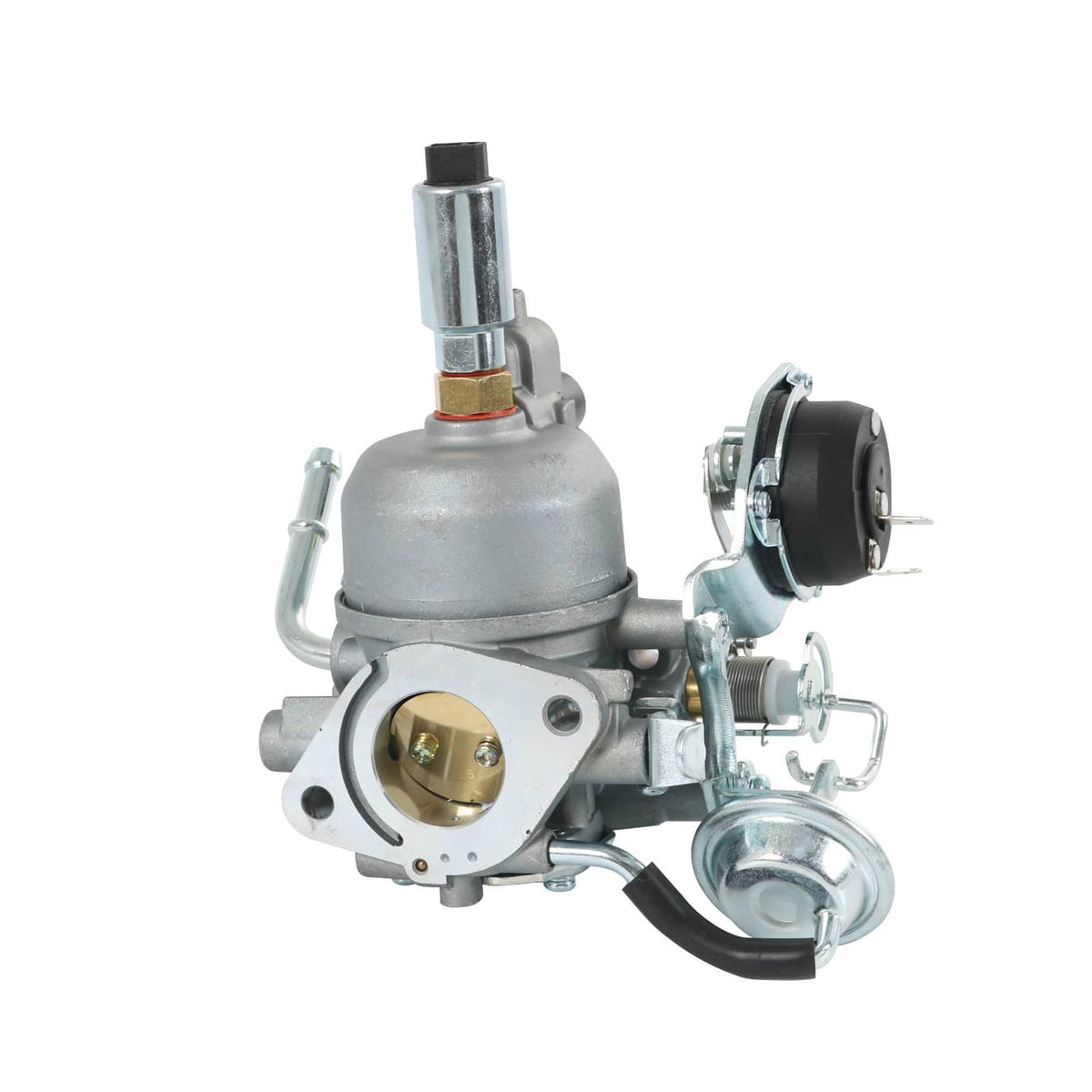 RV generator carburetor with mounting flange, fuel inlet, and attached gasket