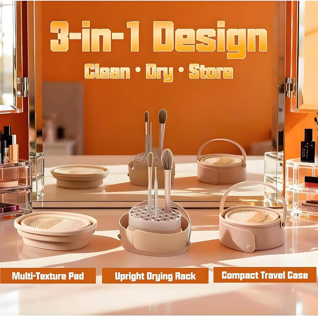 Makeup brush cleaner and drying rack kit with multiple pads and compact travel case, beige