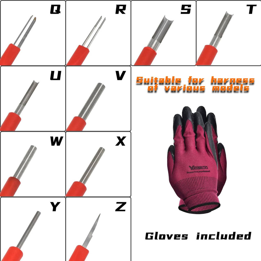 Assorted terminal release tool tips Q–Z with red handles and metal shafts