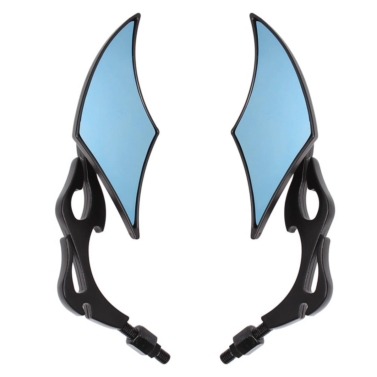 Pair of motorcycle rearview side mirrors with black mounts and blue-tinted lenses