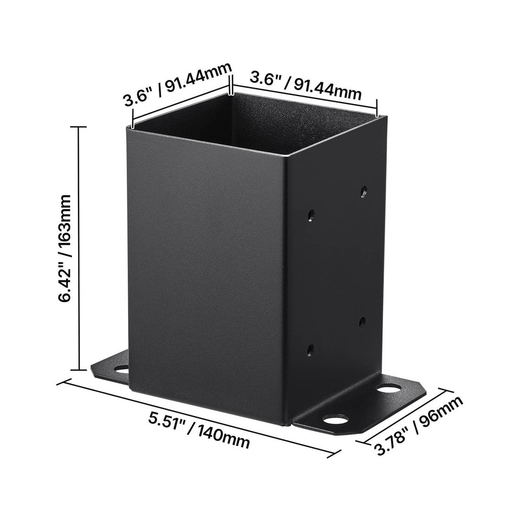 Black steel post base bracket, 3.6 in inner size, wide flat mounting base