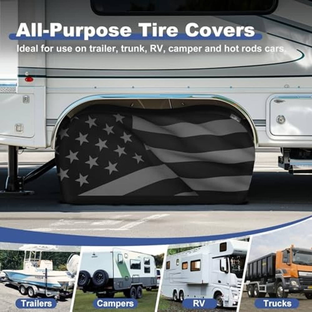 Dual-axle tire covers with black American flag design installed on an RV