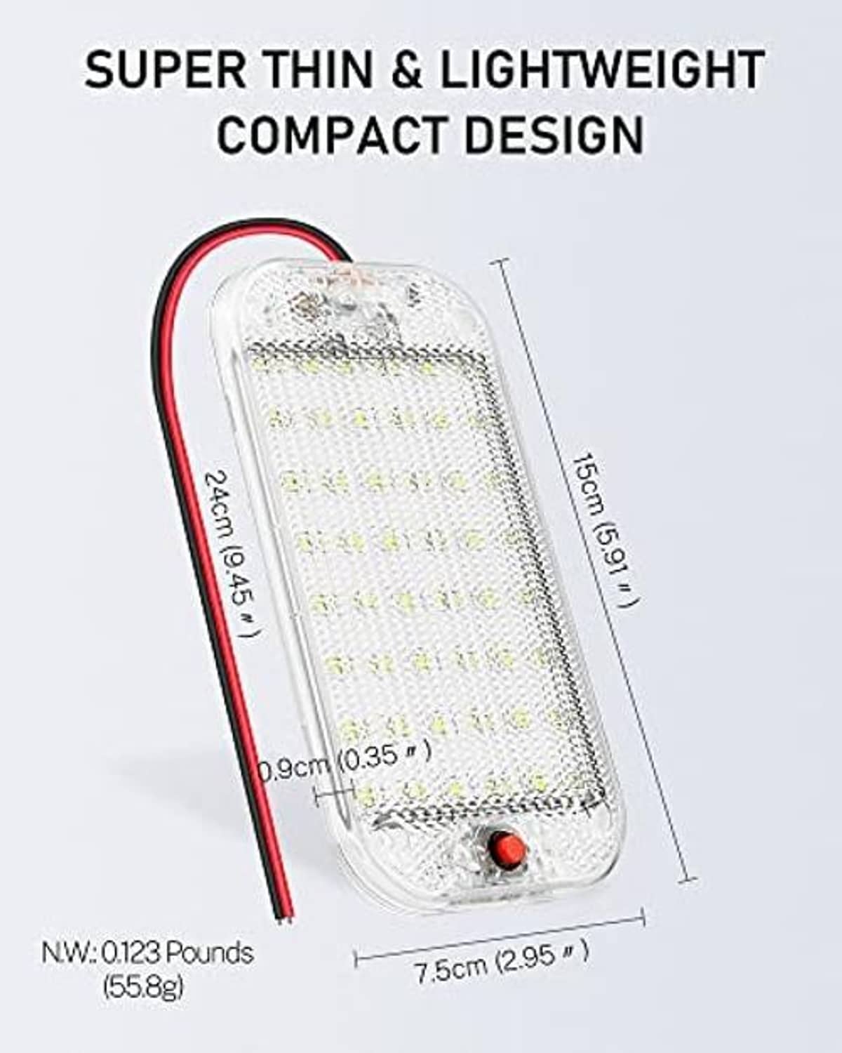 Compact RV LED dome light with clear lens, red/black leads