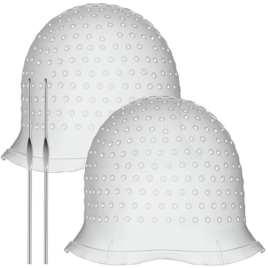 Pair of domed silicone hair highlight caps, perforated holes with two metal rods
