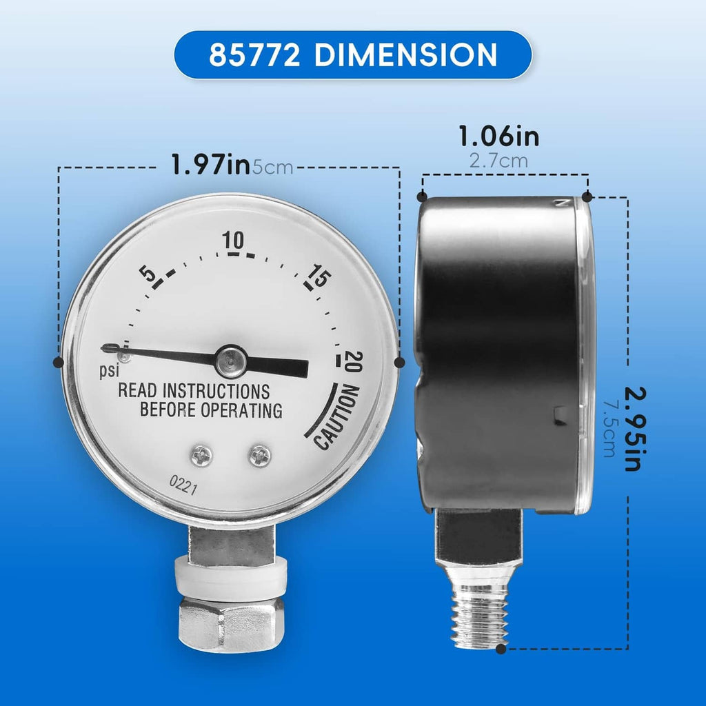 Pressure cooker gauge with side profile and threaded outlet, shown with dimensions