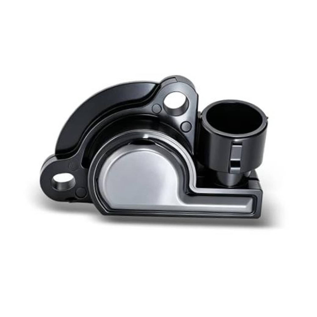 Throttle position sensor with black housing, mounting flange, and silver circular cover.