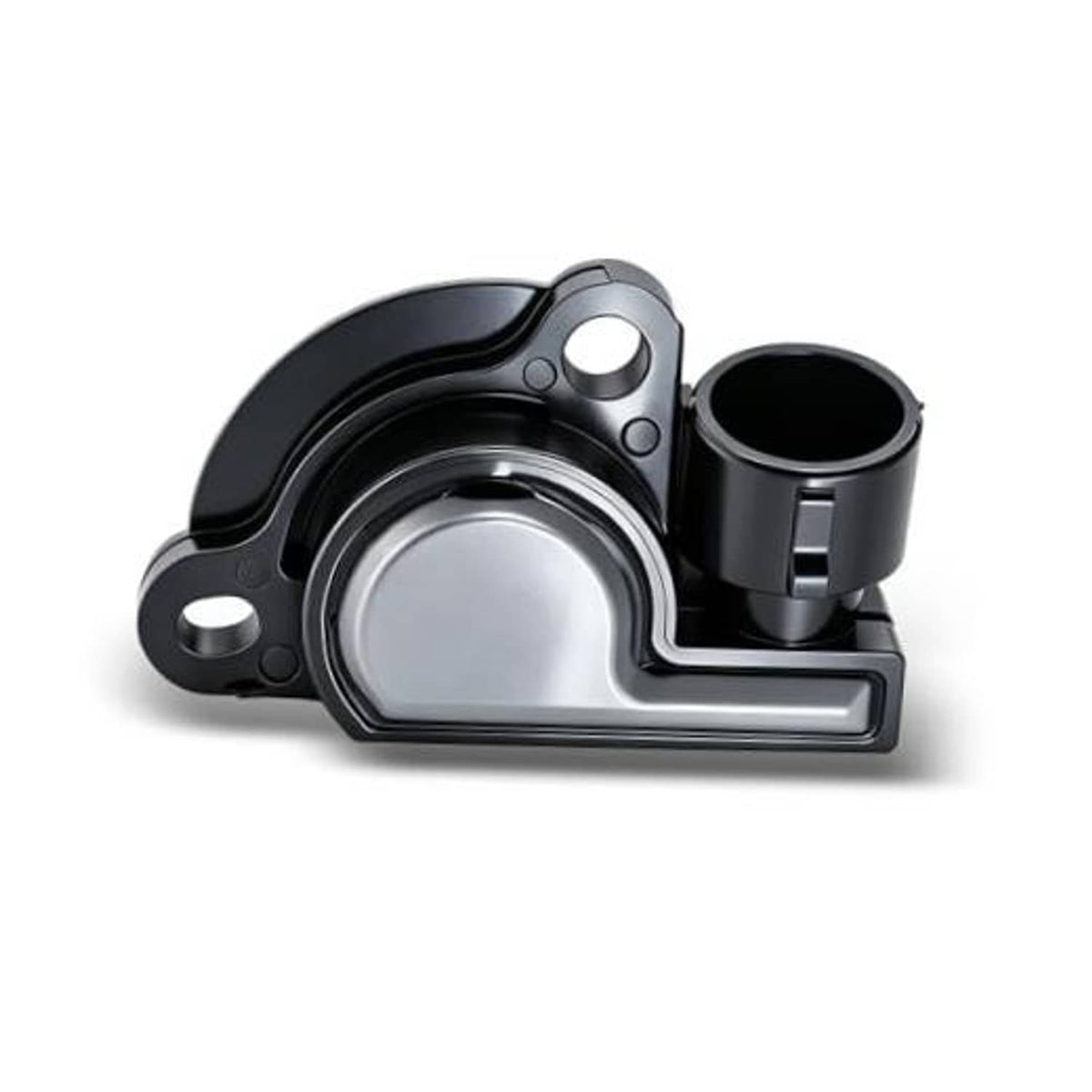 Throttle position sensor with black housing, mounting flange, and silver circular cover.