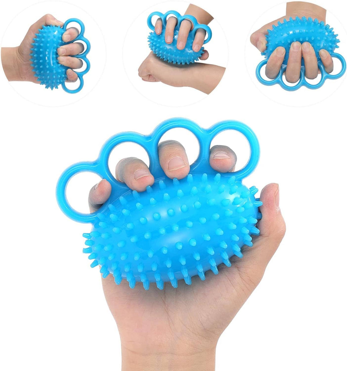 Blue spiky finger therapy ball with thumb and finger loops for hand exercise