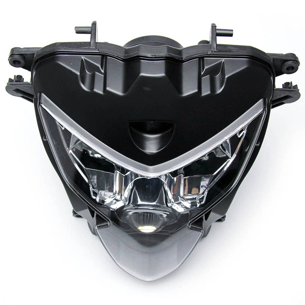 Motorcycle headlight housing, rear view with mounting brackets and adjustment tabs