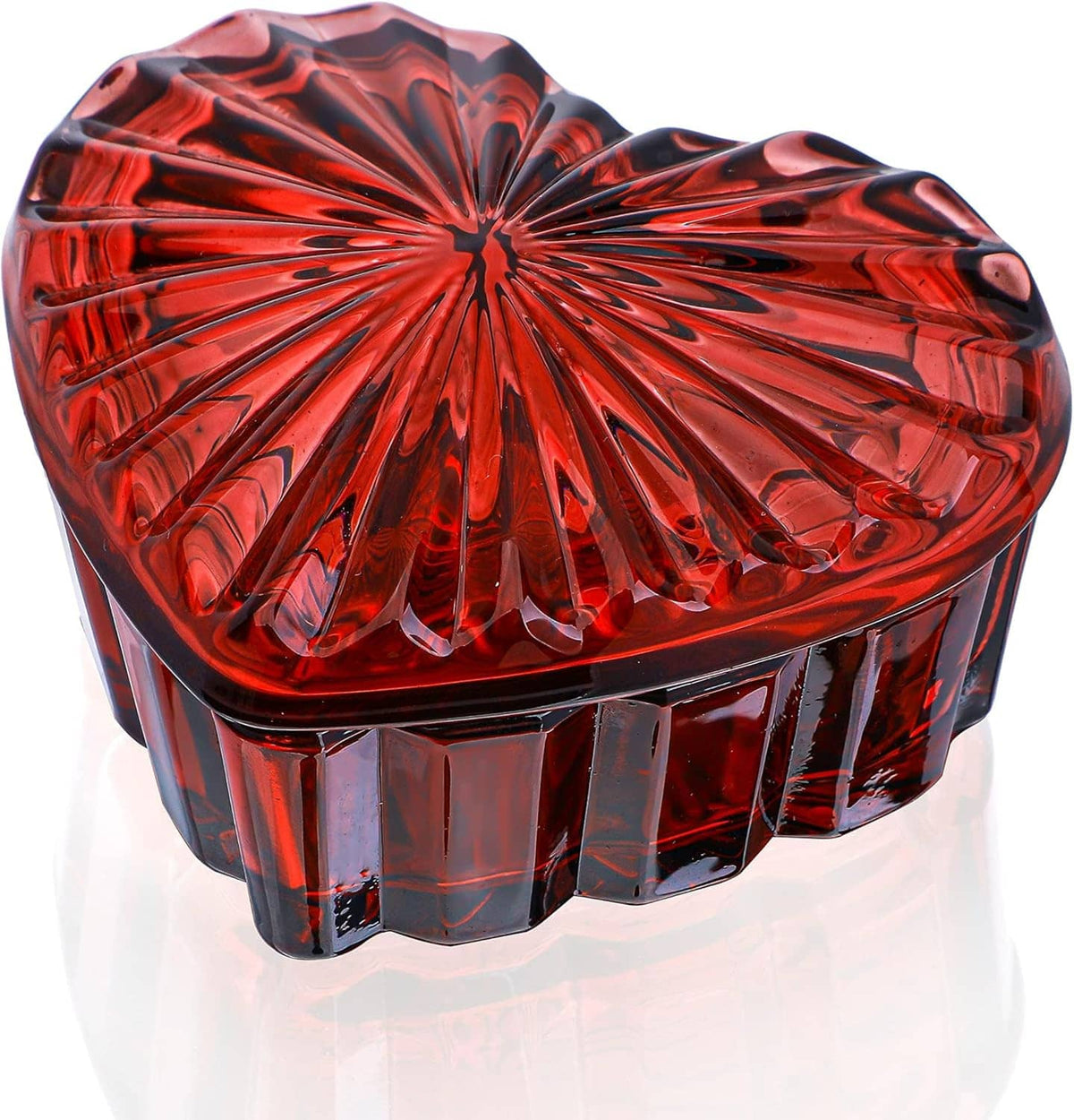 Red faceted heart-shaped crystal jewelry box with matching lid, glossy glass design