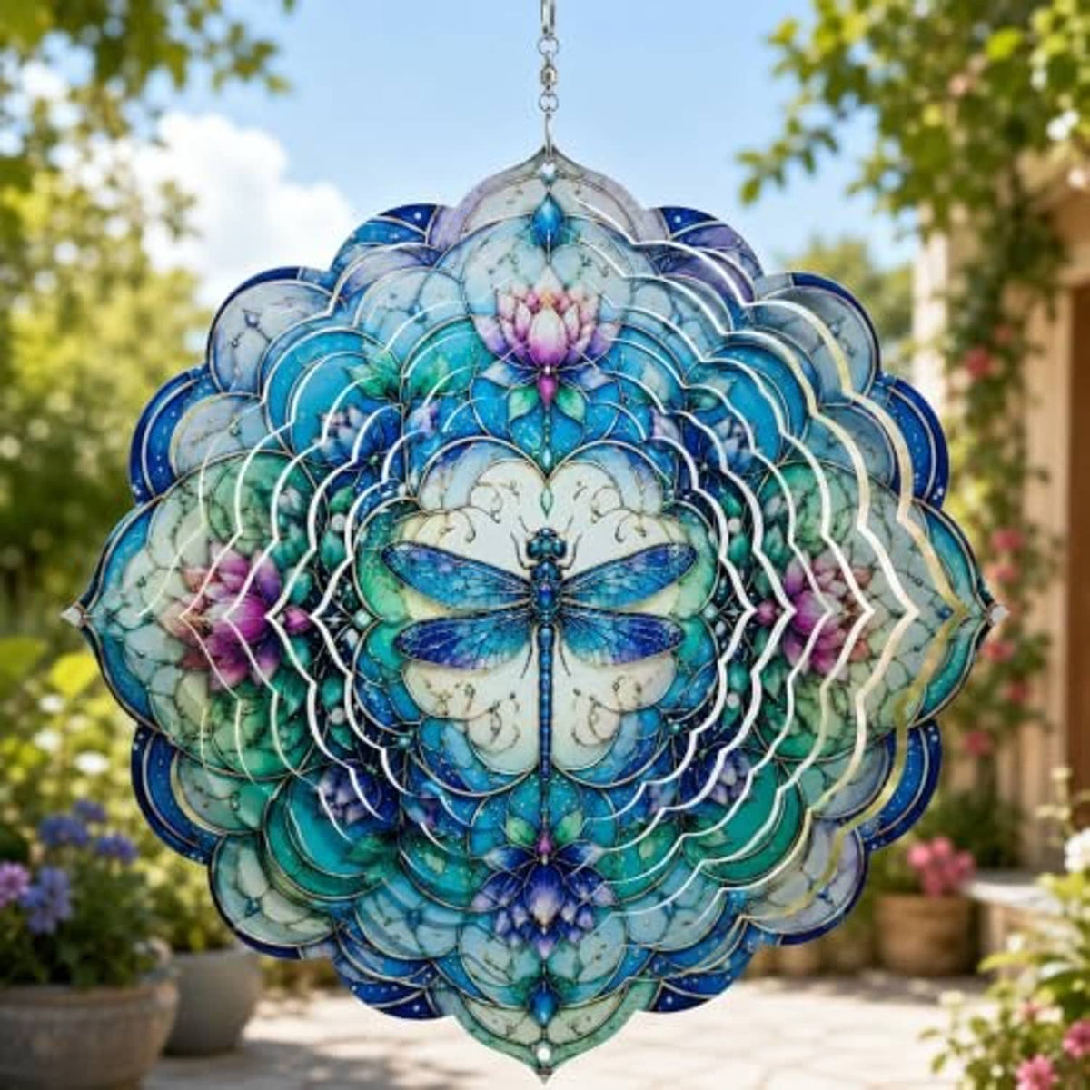 Lotus flower wind spinner in blue and purple with central dragonfly motif