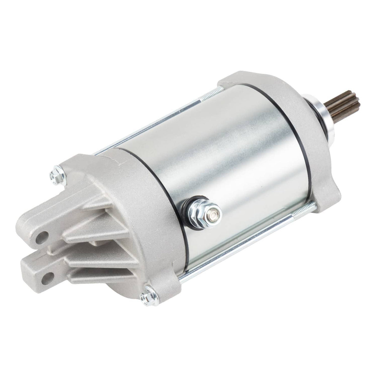 Starter motor assembly angled view with front mounting pads and output drive shaft
