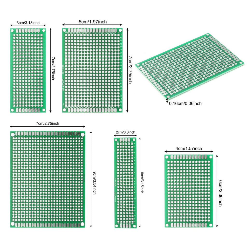 Green double-sided PCB boards shown with size diagrams and one angled board