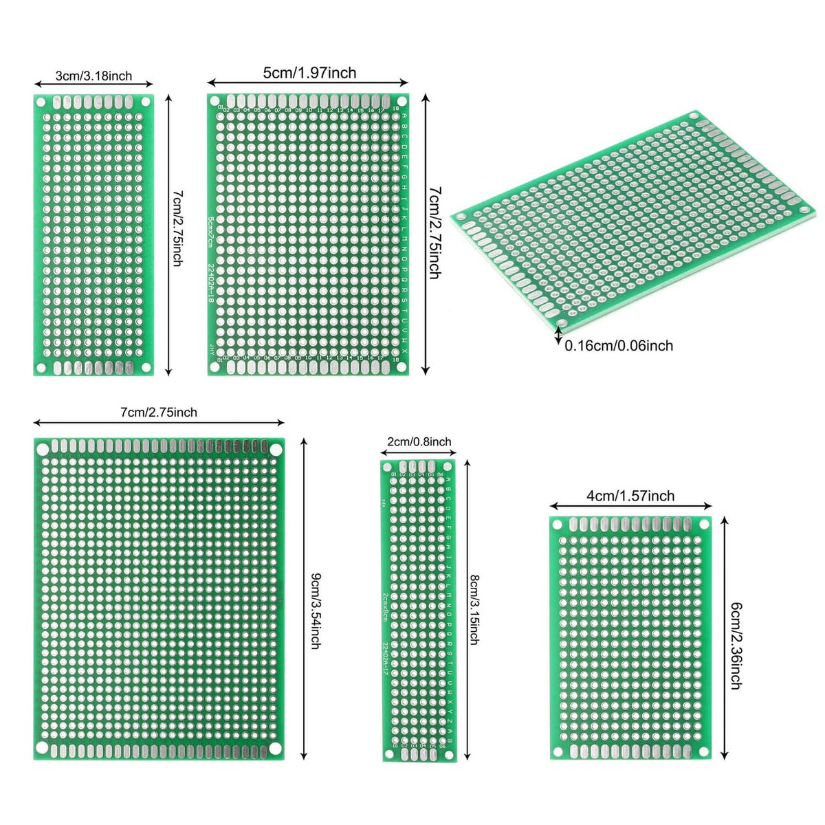 Green double-sided PCB boards shown with size diagrams and one angled board