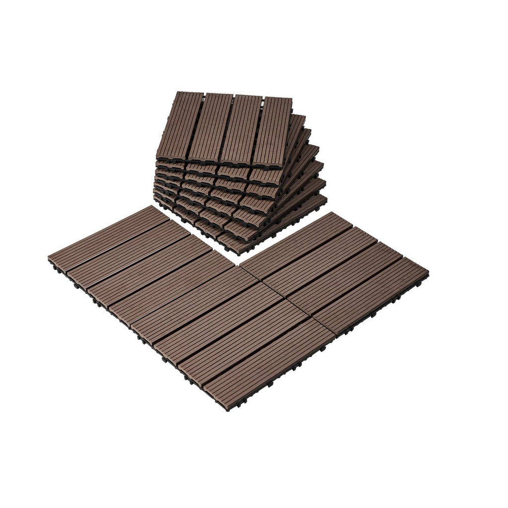 Interlocking brown deck tiles arranged in an L shape with visible connector tabs