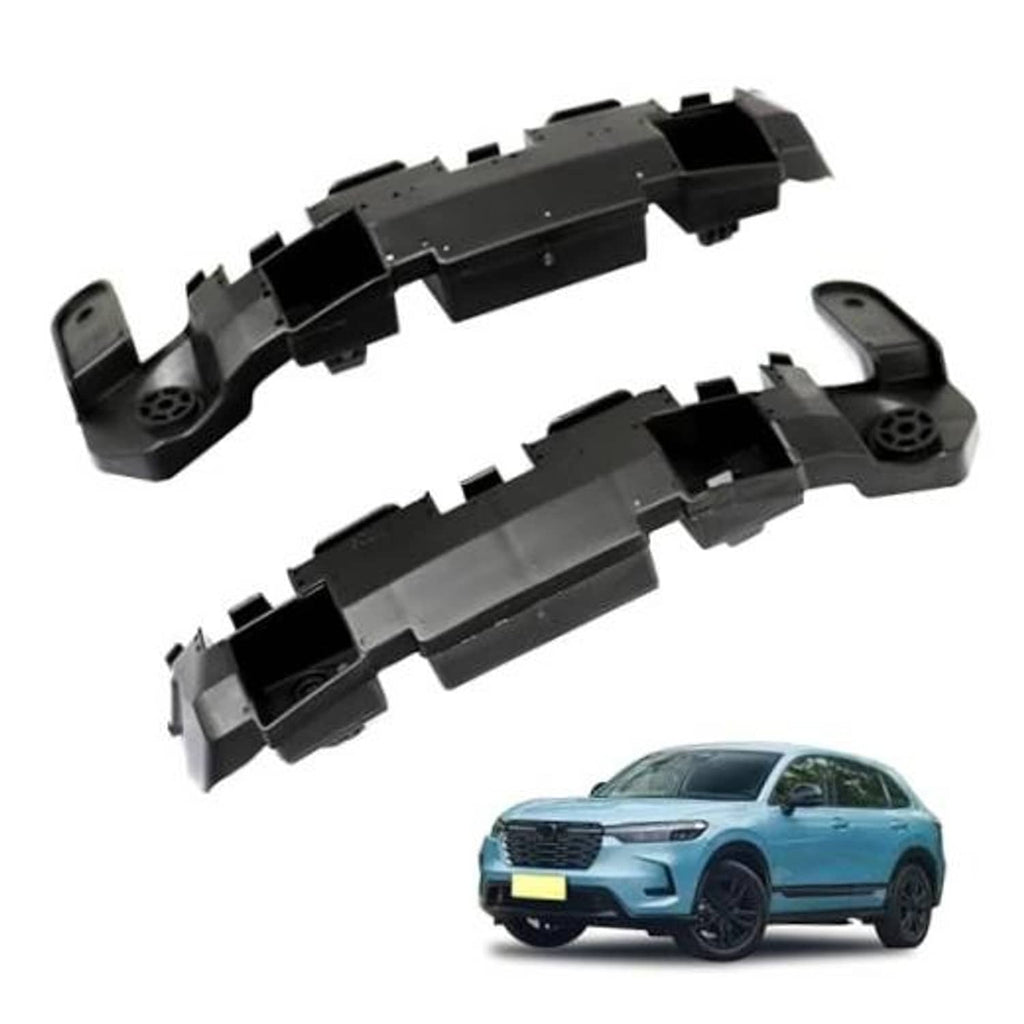Pair of black front bumper retainer bracket support holders with mounting holes