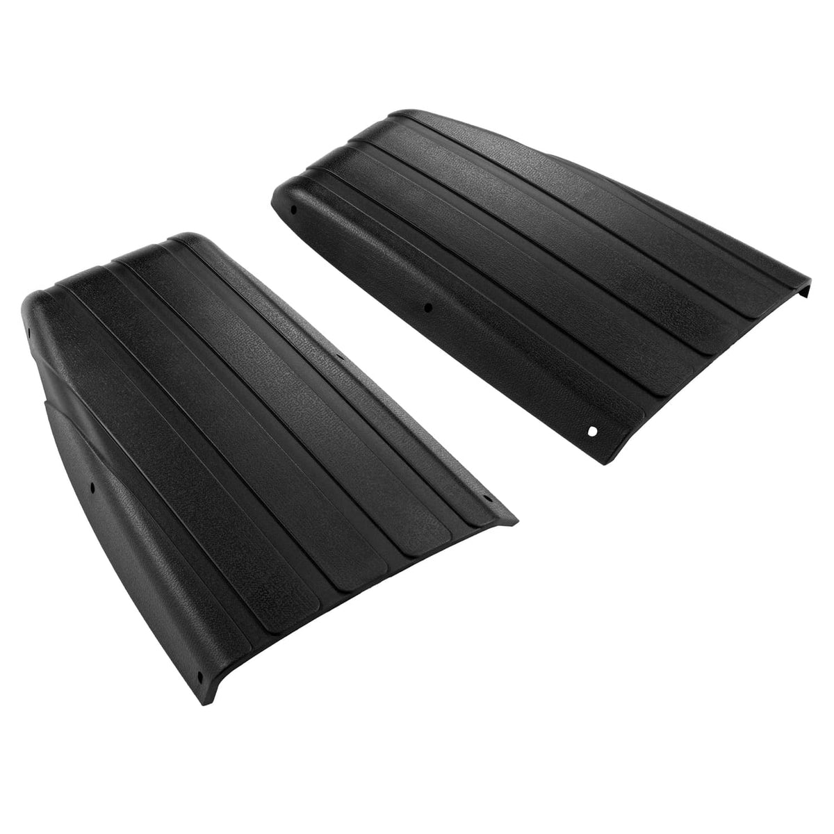 Two dark scuff guards, angled view showing ridges and screw holes