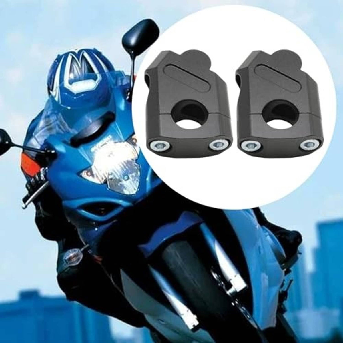 Black handlebar riser clamps, two-piece set shown for universal use