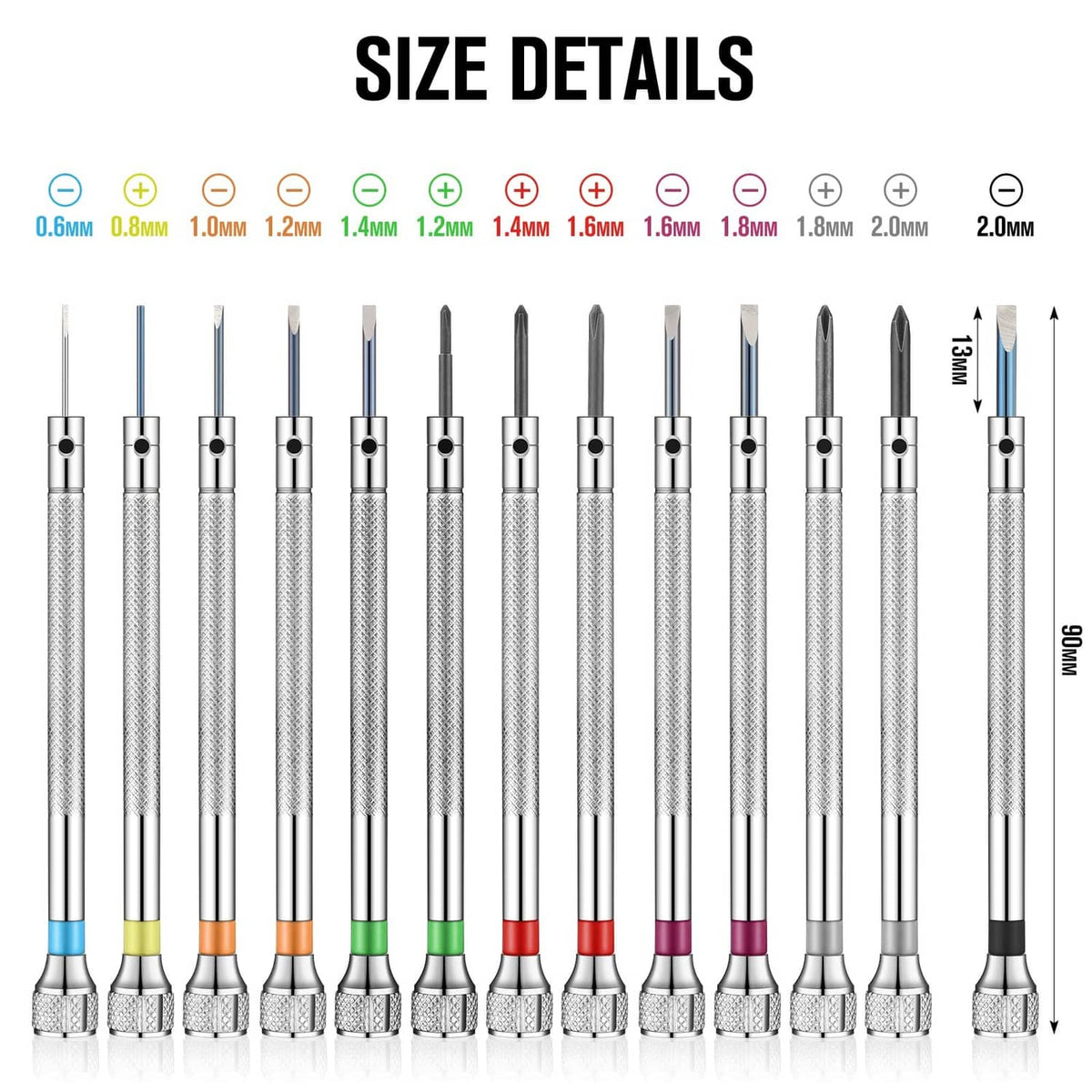 Precision screwdriver size chart with multiple bit tips and labeled measurements