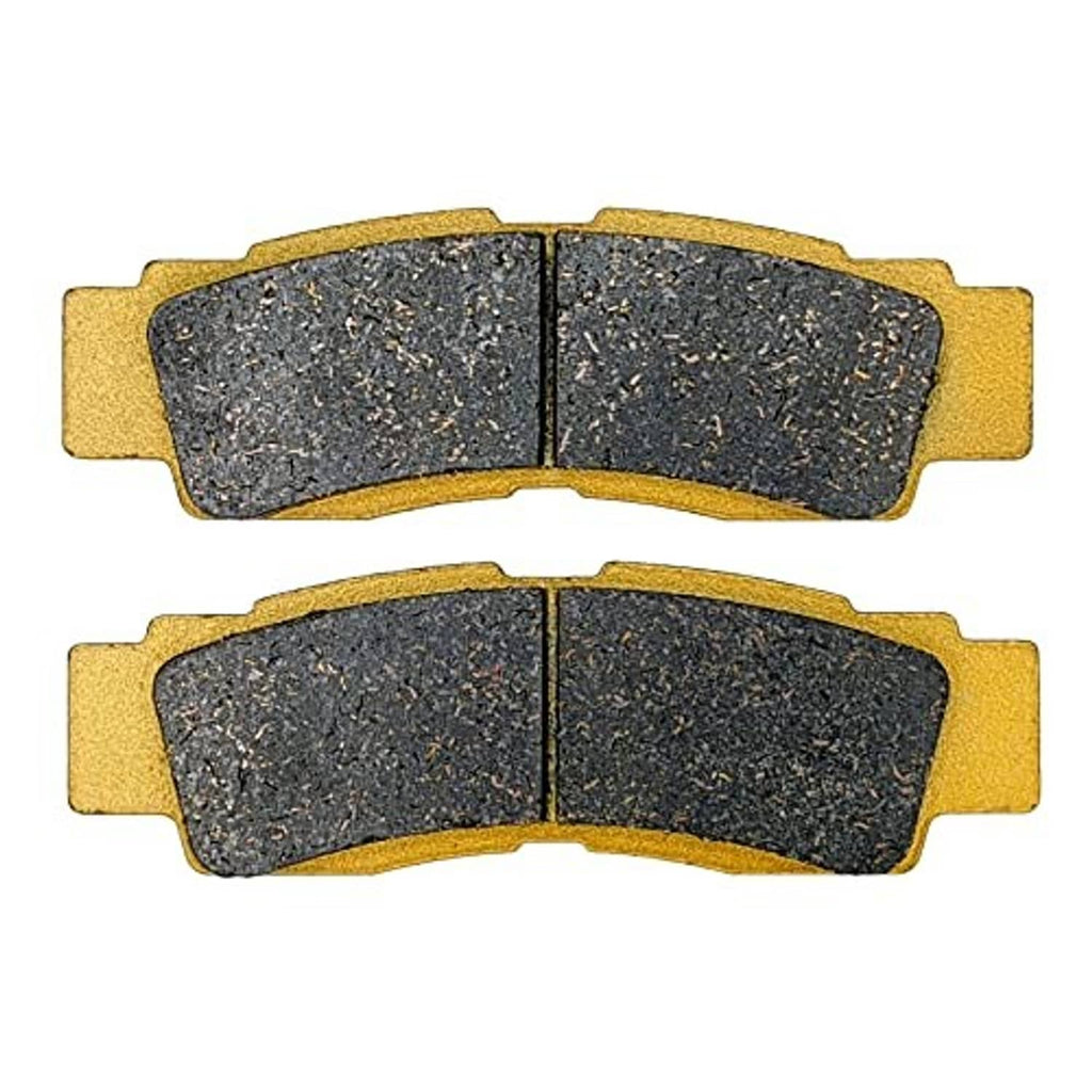 Ceramic brake pads, two curved dark friction pad pairs with gold backing