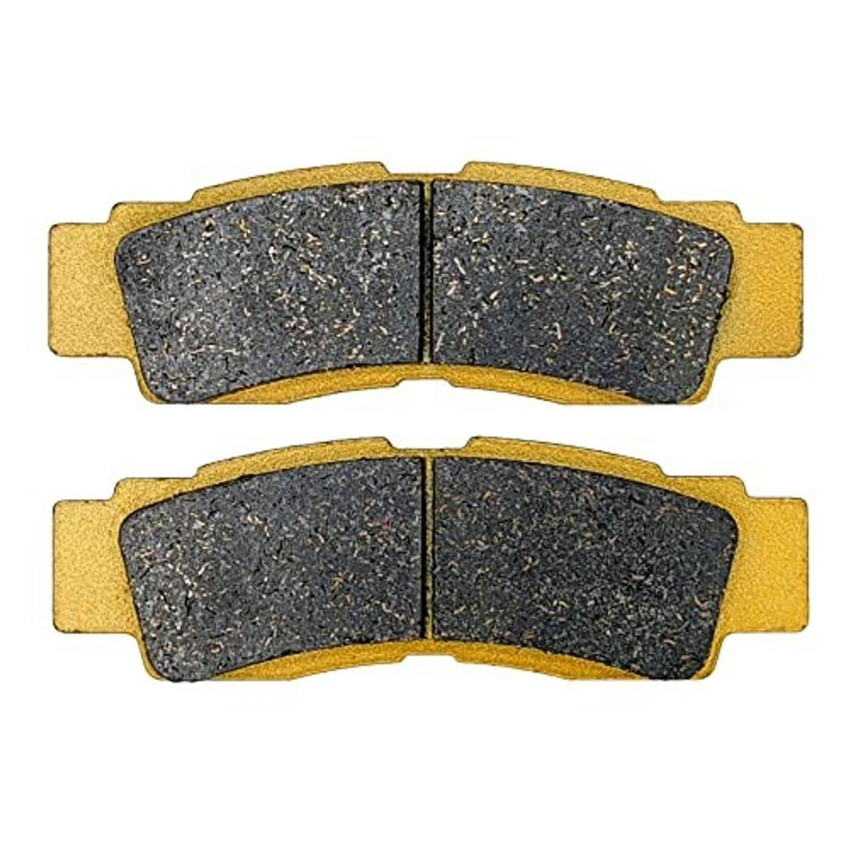 Ceramic brake pads, two curved dark friction pad pairs with gold backing