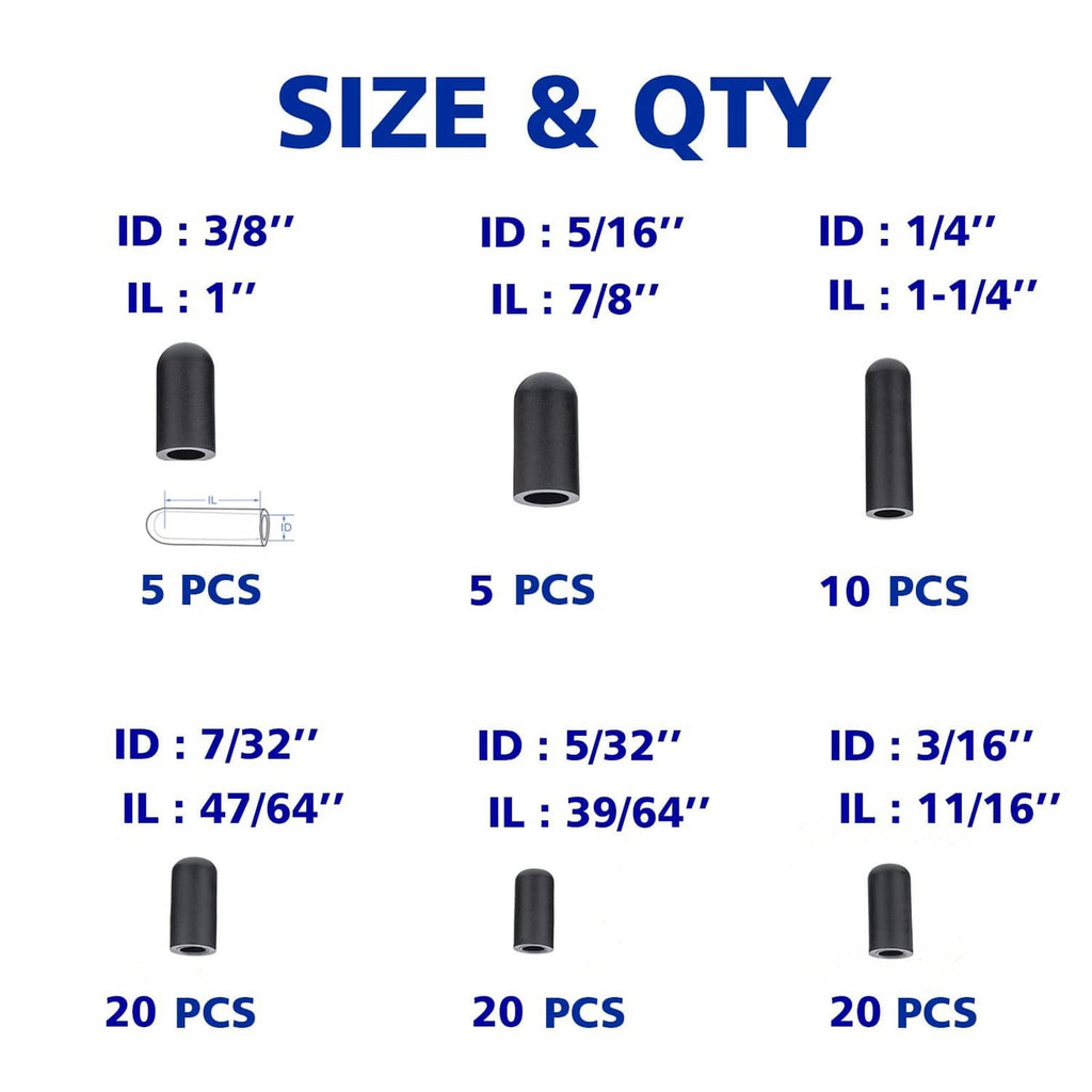 Assorted black rubber vacuum caps with open ends, different lengths and quantities