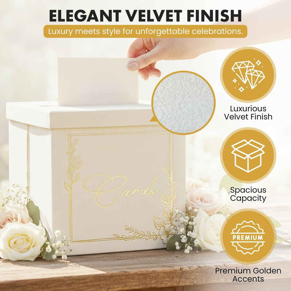 White card box with gold "Cards" emblem and floral frame; card being placed in top opening.