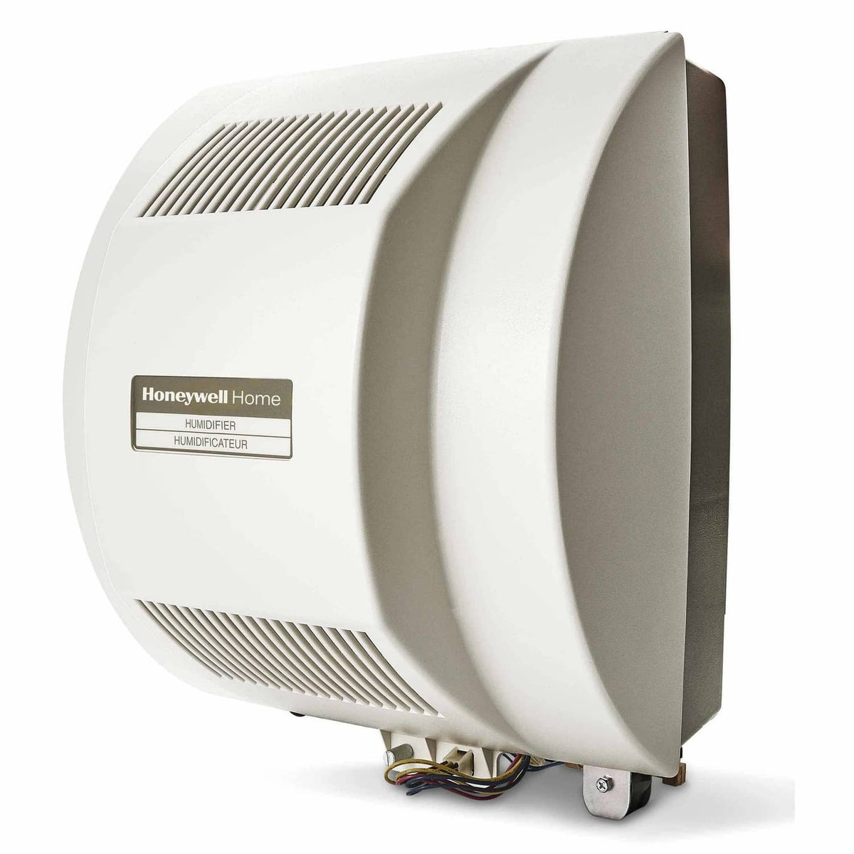 Whole-home humidifier angled view with vented grille and Honeywell Home label