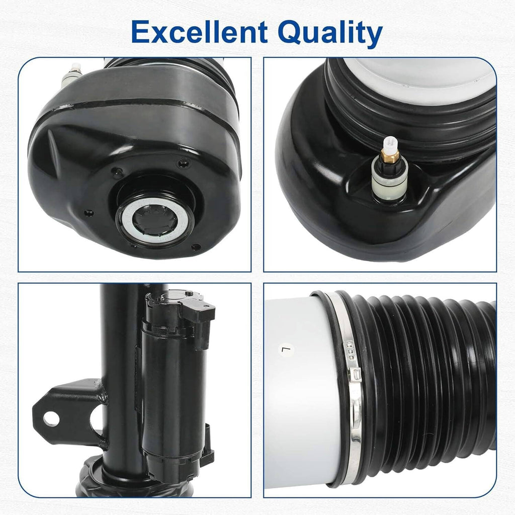 Close-up of black air suspension strut top mount, coil sleeve, and spring end.
