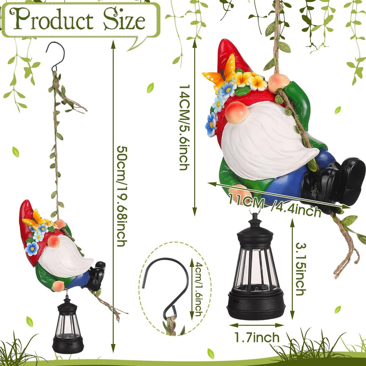 Solar hanging gnome statue size view, white beard, red hat, and black lantern