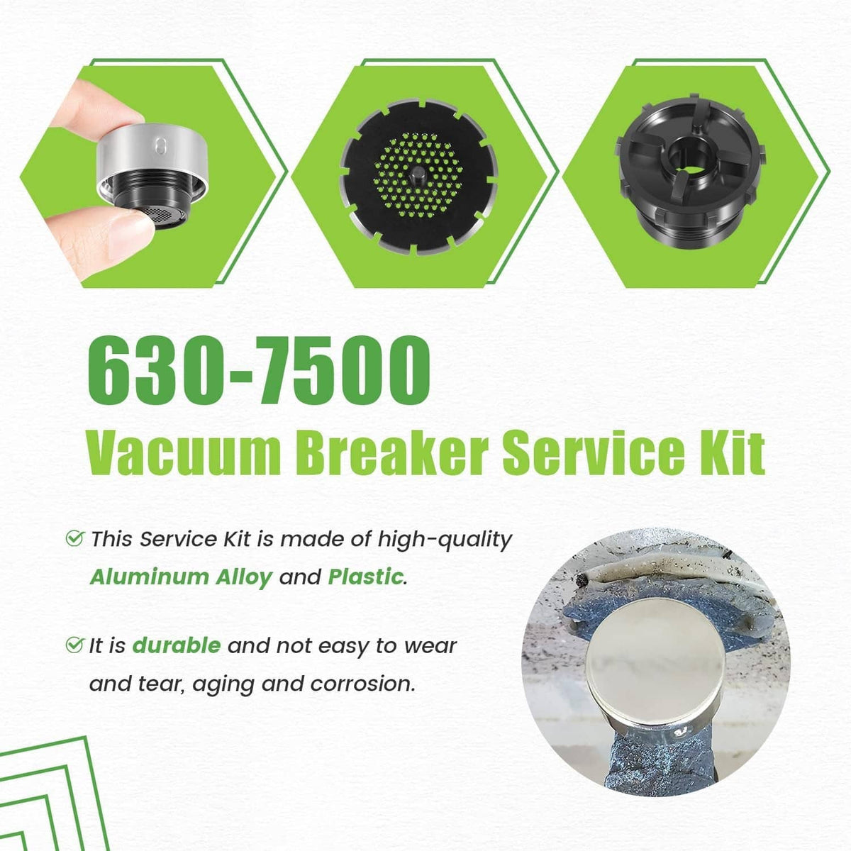 Vacuum breaker service kit components with silver cap and black threaded vacuum insert