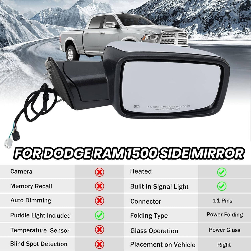 Right heated power folding mirror with LED puddle and turn signal, chrome housing