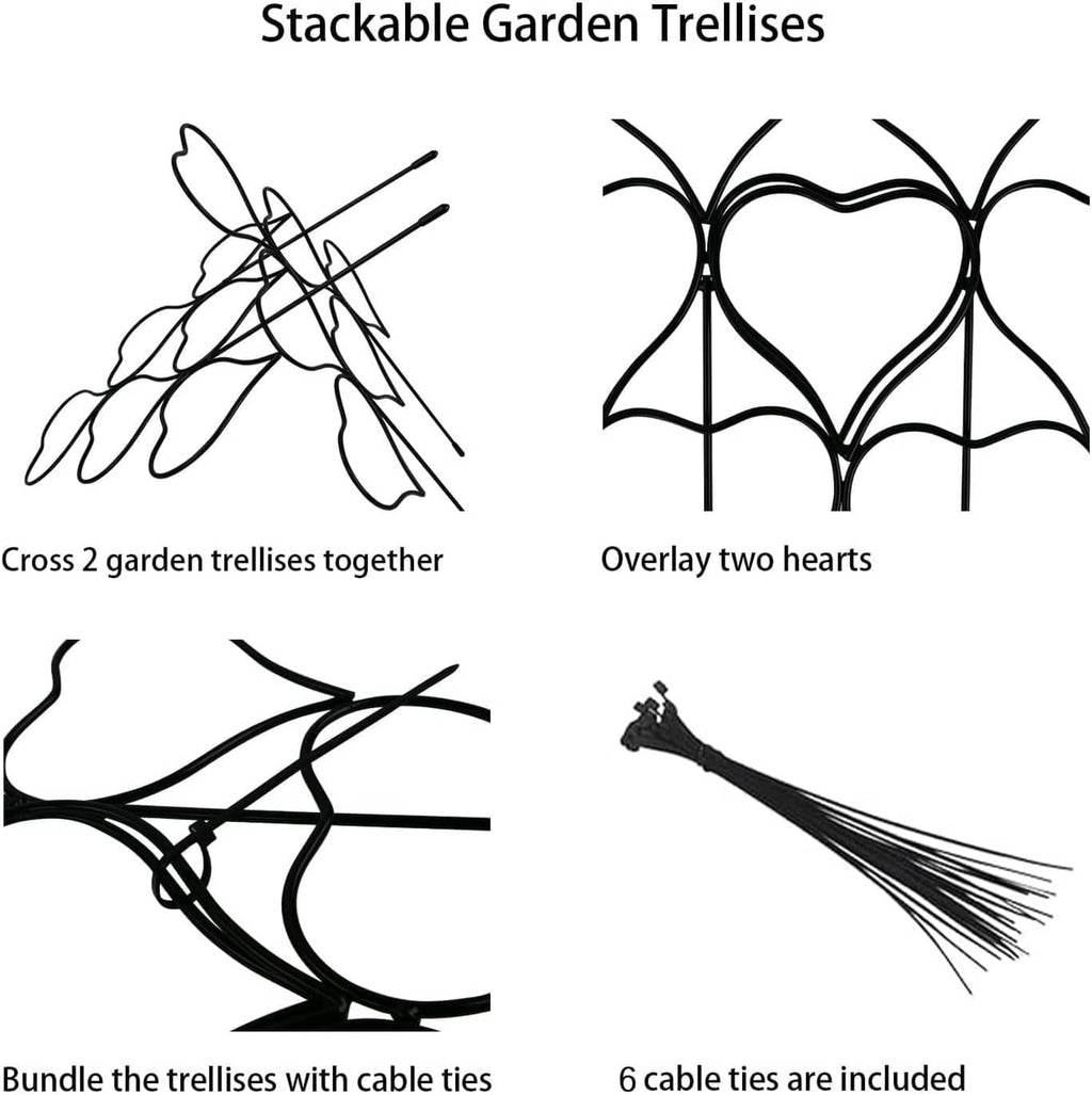 Metal heart trellis stakes with cable ties, shown bundled and overlapping