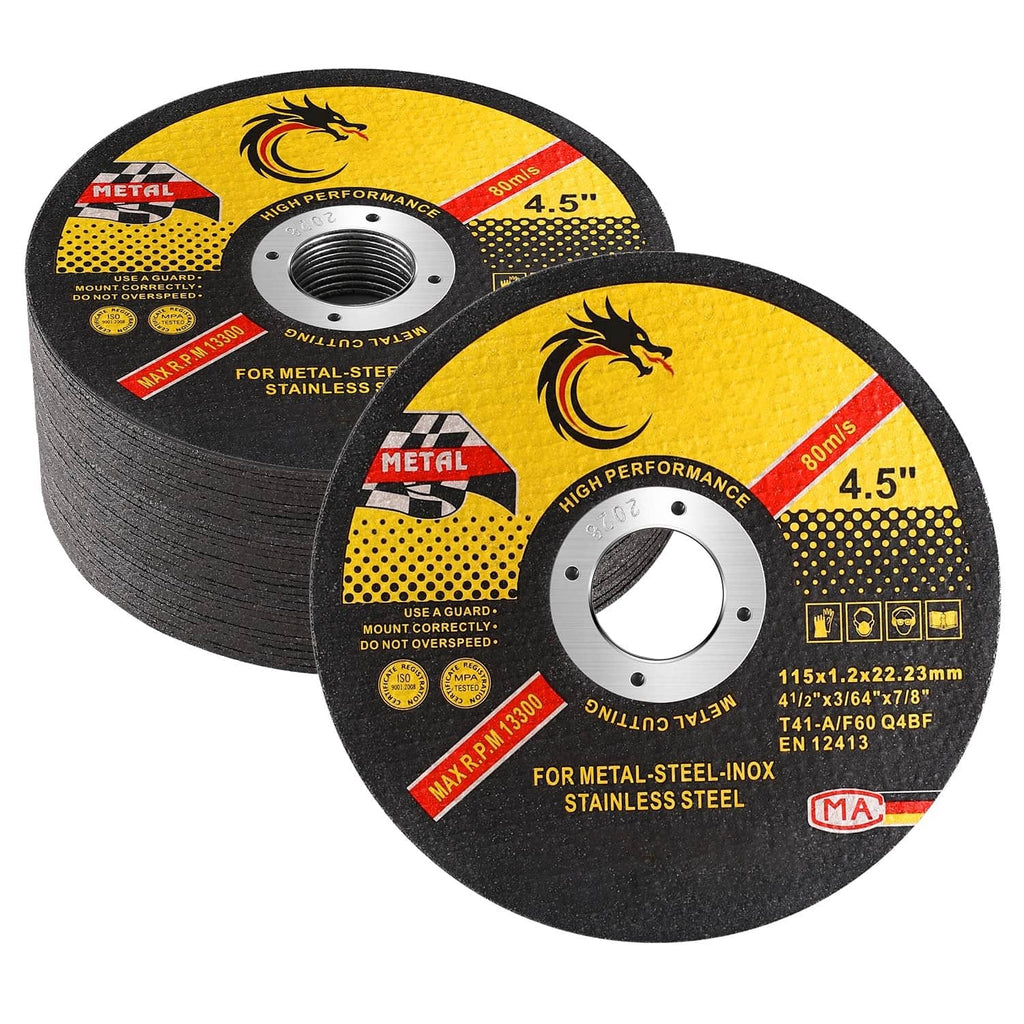 Two 4.5 in metal cutting discs, yellow/black design with center hole