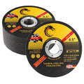 Two 4.5 in metal cutting discs, yellow/black design with center hole