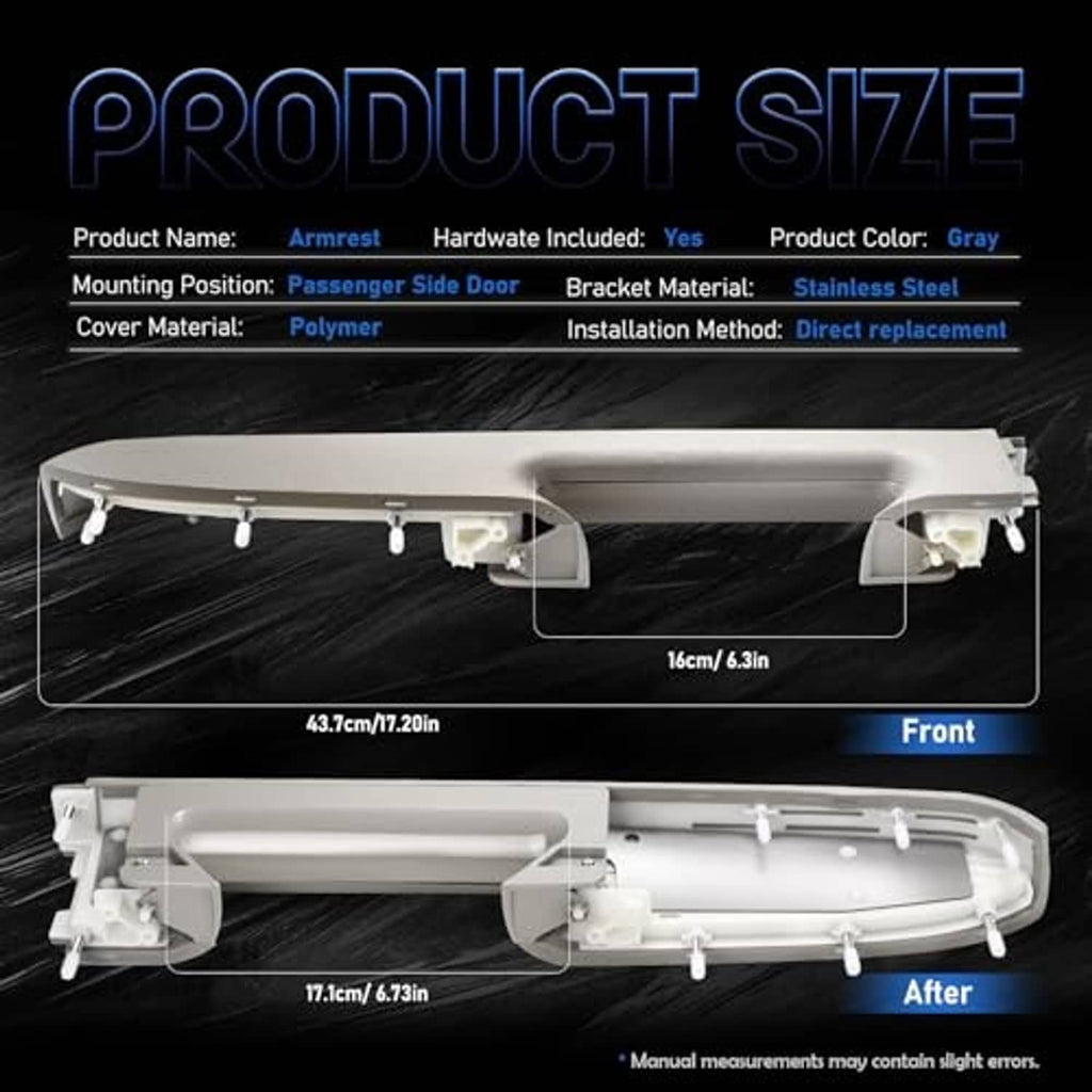 Armrest repair kit size diagram showing gray mounting bracket dimensions for front fit