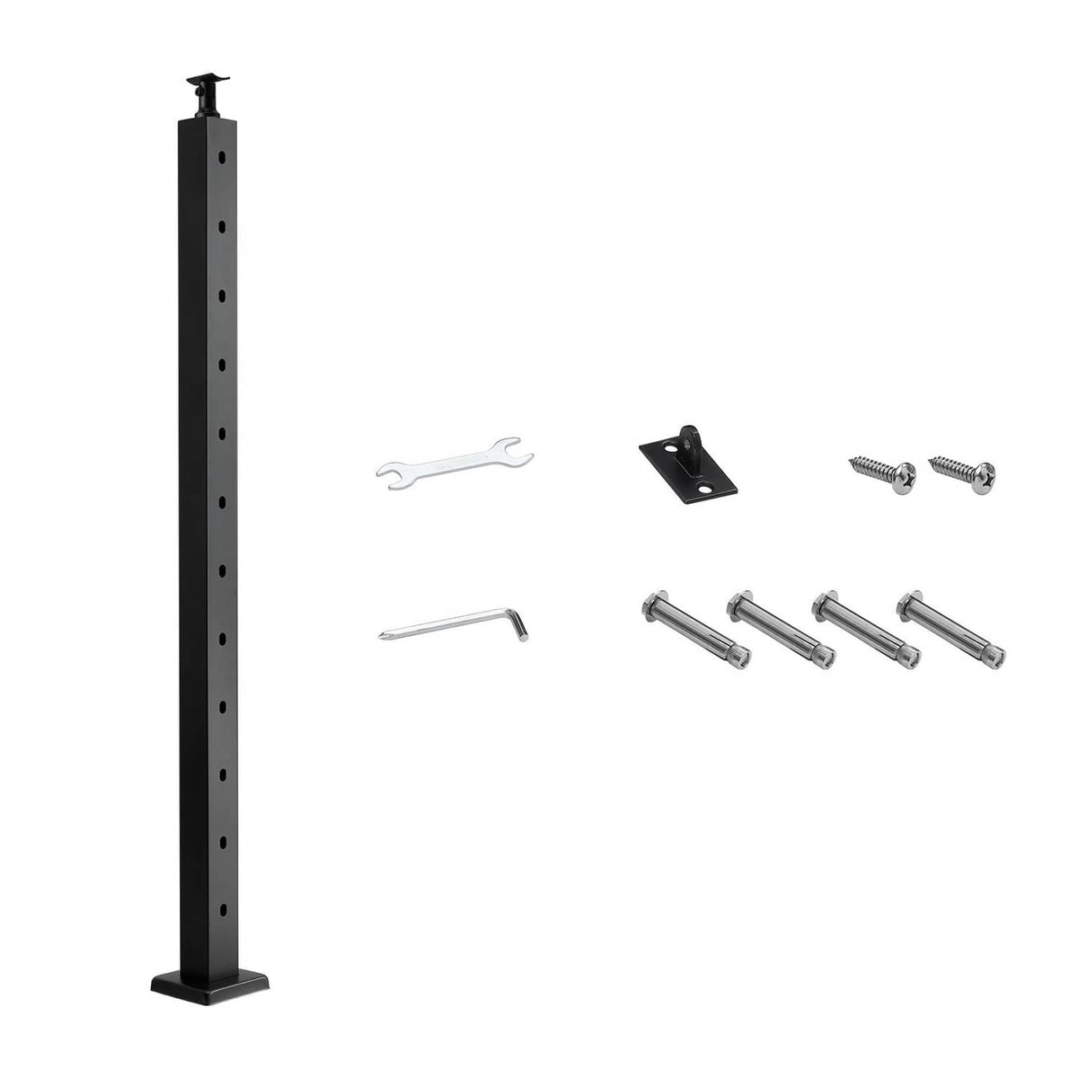 Black cable railing post with angled holes and included mounting accessories, 42 in height
