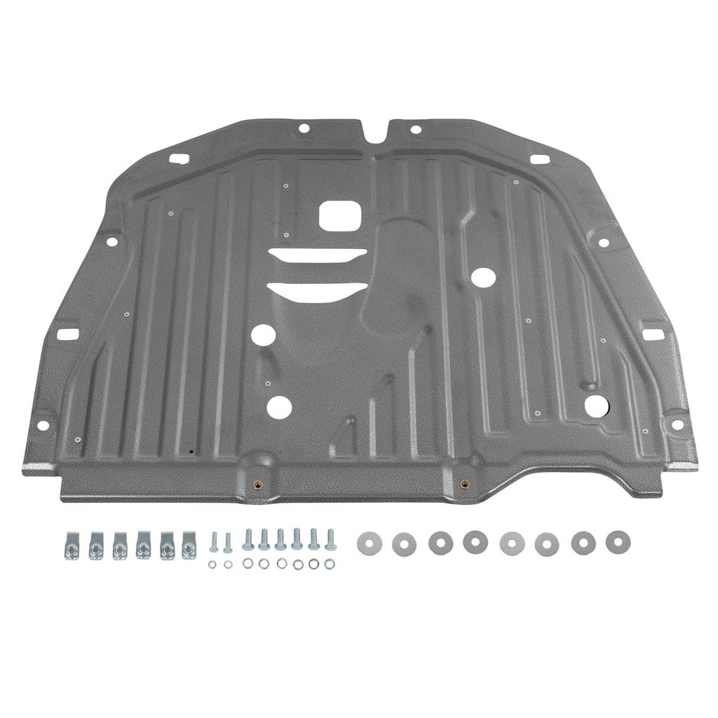 Dark gray under car splash guard shield with mounting holes and ridged metal panel