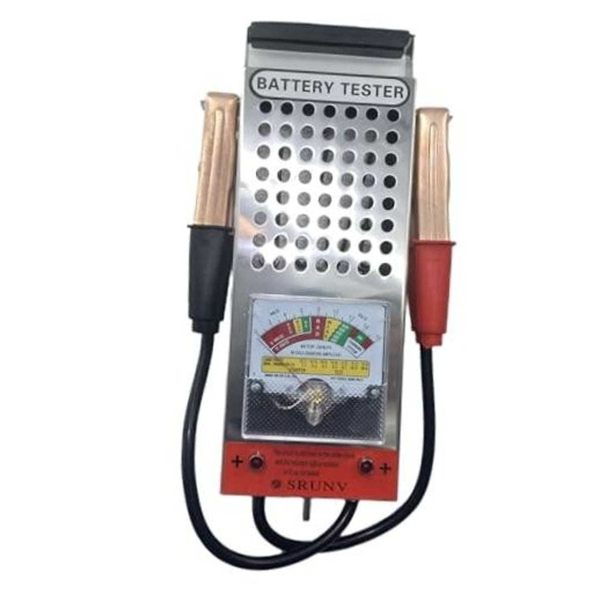 Battery load tester with analog gauge and red/black clamp leads