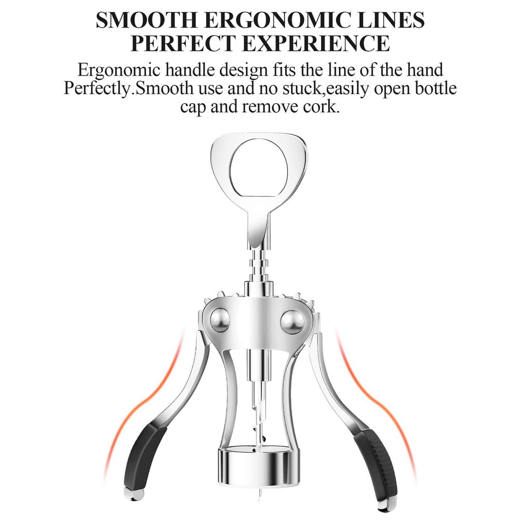 Silver wing corkscrew wine opener with ergonomic handle and orange motion arrows