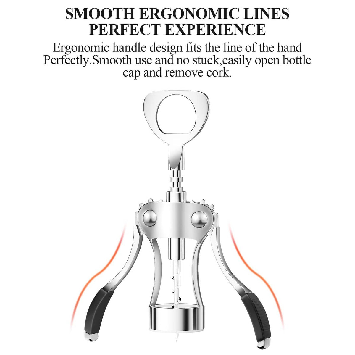 Silver wing corkscrew wine opener with ergonomic handle and orange motion arrows
