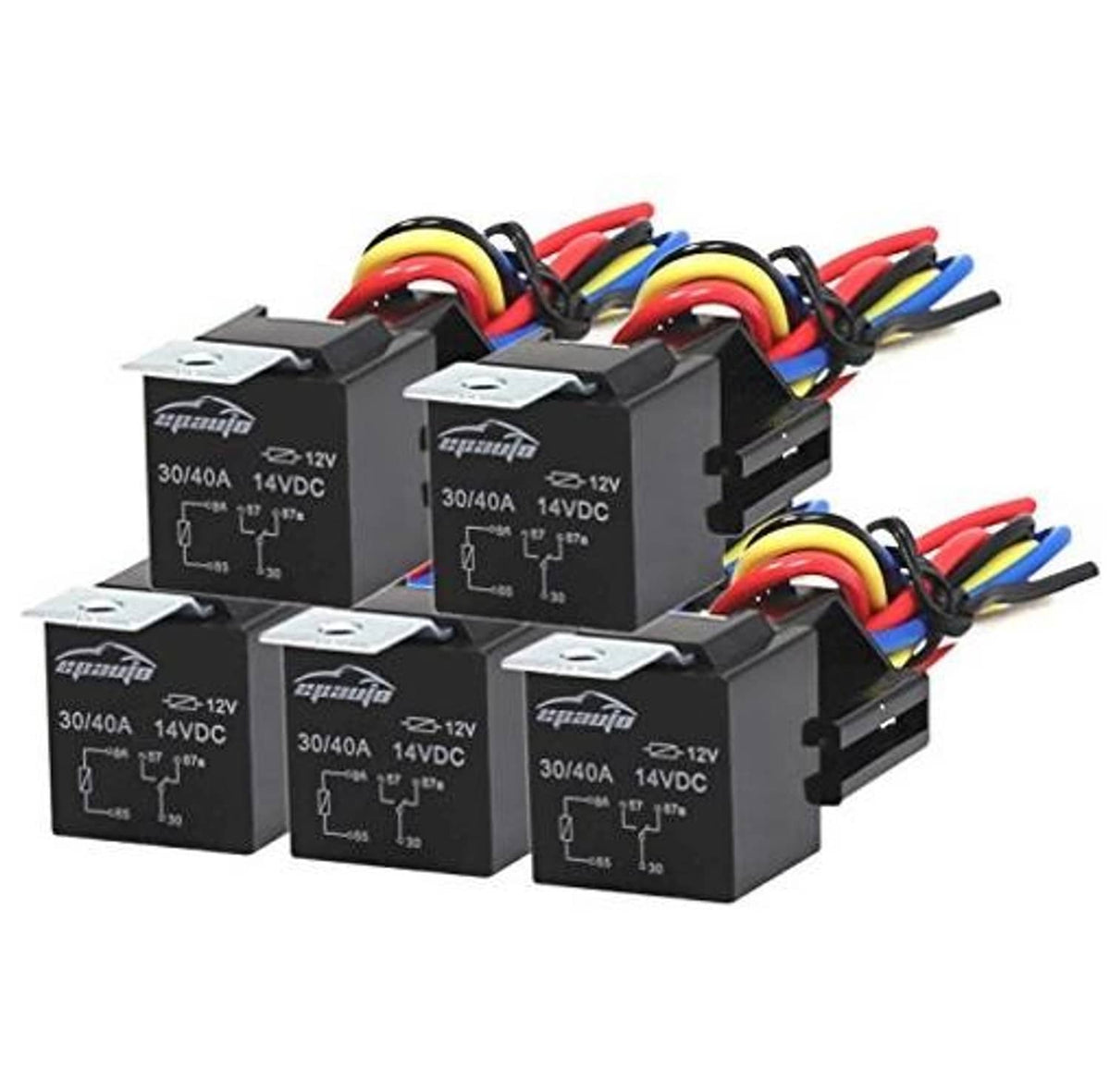 Five black 12V SPDT relay harness units with multicolored wire connector leads