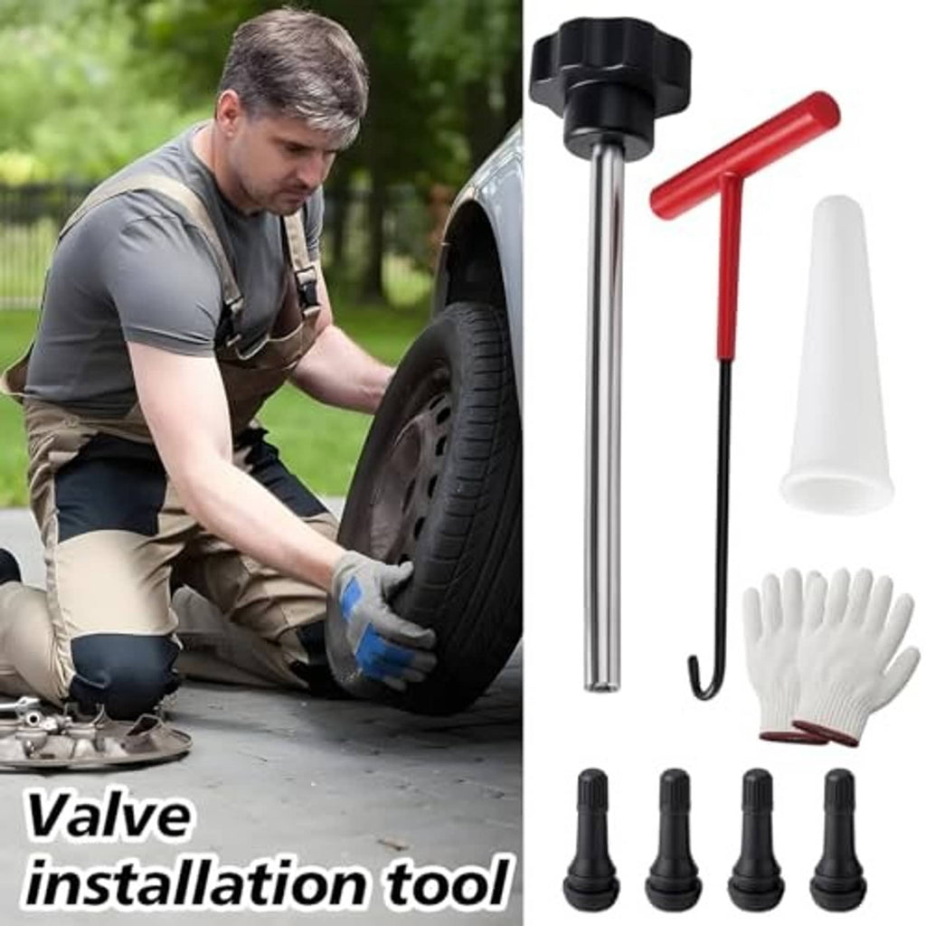 Tire valve installation tool kit with metal rod, white tube, gloves, and black valve cores