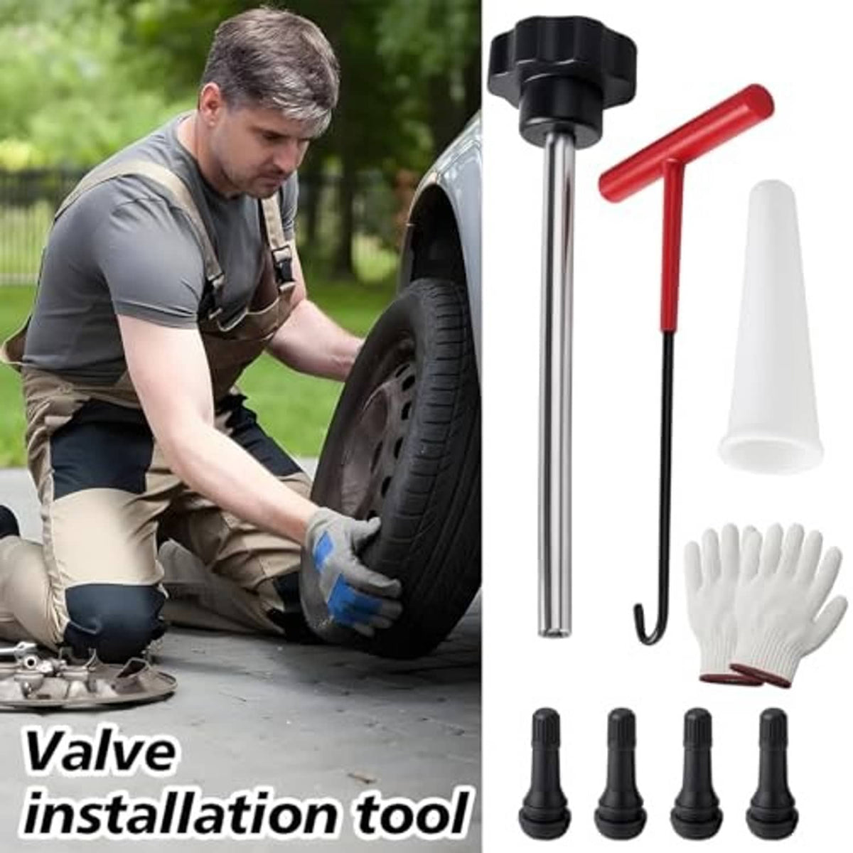 Tire valve installation tool kit with metal rod, white tube, gloves, and black valve cores