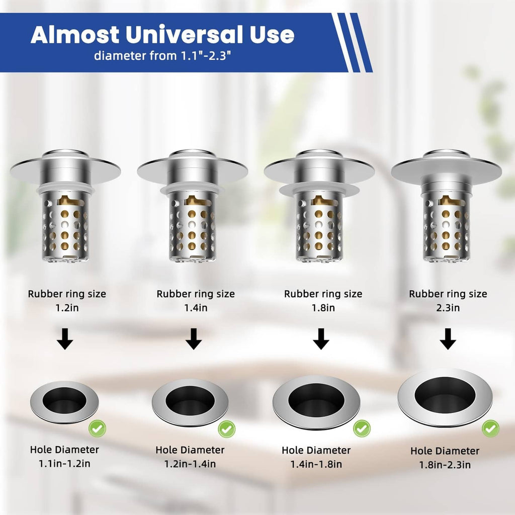 Universal chrome drain hair catcher set with different rubber ring sizes
